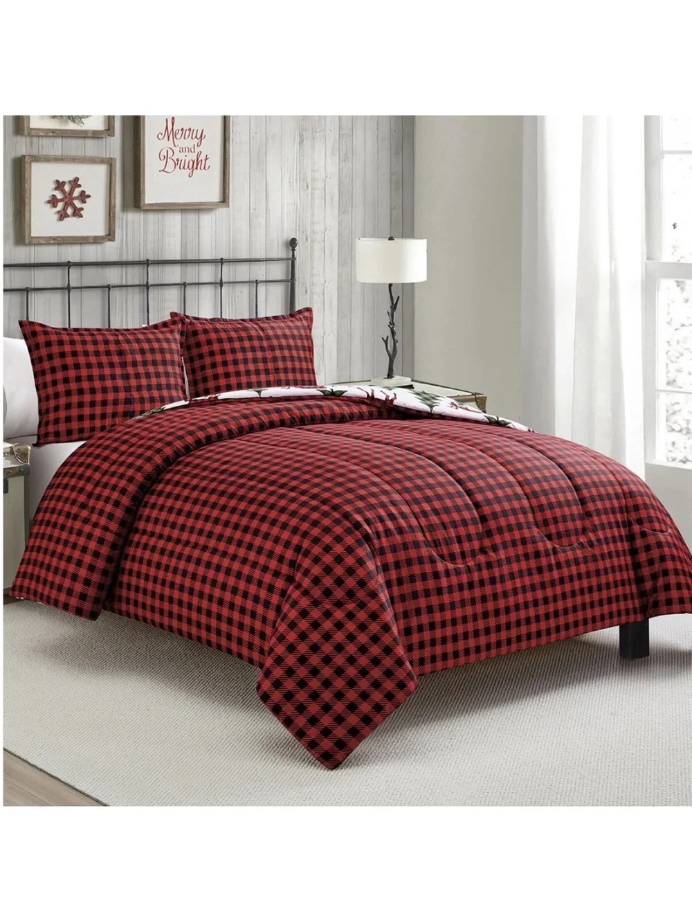 Sunham Plaid Deer Reversible King Comforter Set 3-Pc Christmas Red Green Trees